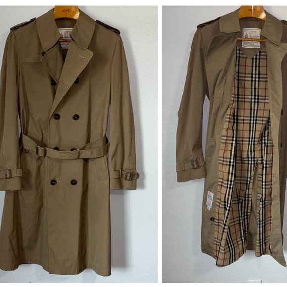 London Fog Maincoats Trench Coat 40L Khaki Belted Plaid Interior Double Breasted - Picture 1 of 12